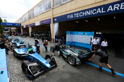 Car of Mitch Evans, Jaguar Racing, leaves the FIA Technical area