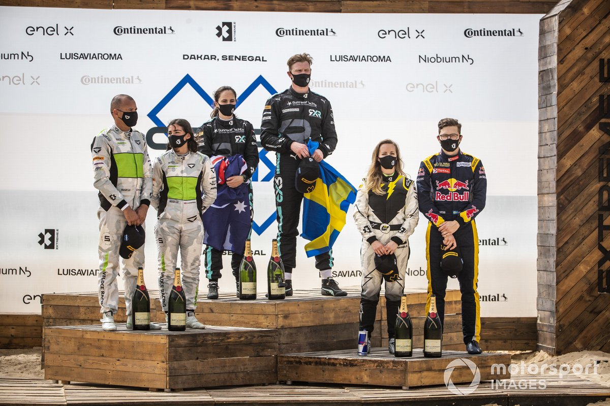 First position, Molly Taylor, Johan Kristoffersson, Rosberg X Racing , 2nd position, Jamie Chadwick, Stephane Sarrazin, Veloce Racing , 3rd position, Mikaela Ahlin-Kottulinsky, Kevin Hansen, JBXE Extreme-E Team Ocean Prix podium