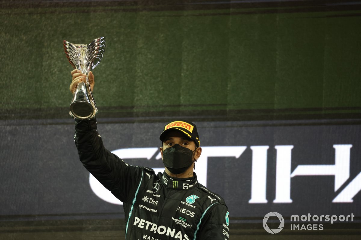 Lewis Hamilton, Mercedes, 2nd position, lifts his trophy