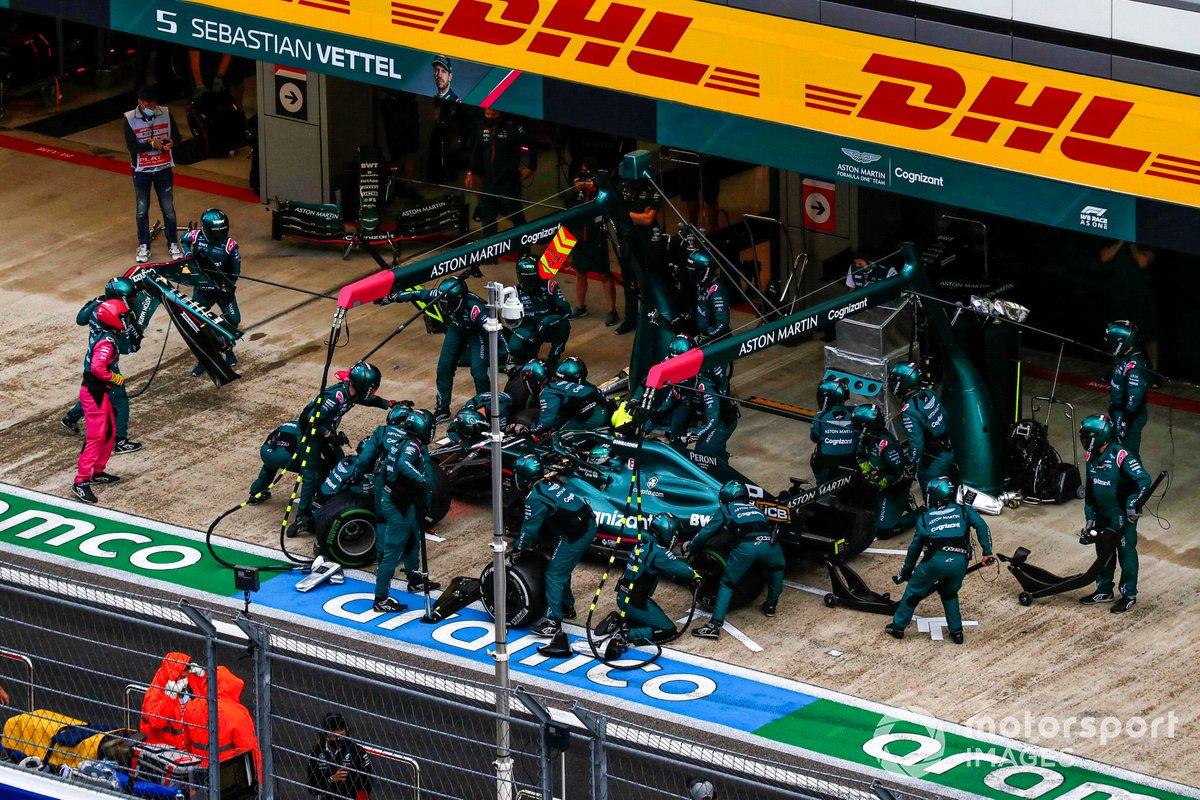 Lance Stroll, Aston Martin AMR21, makes a pit stop
