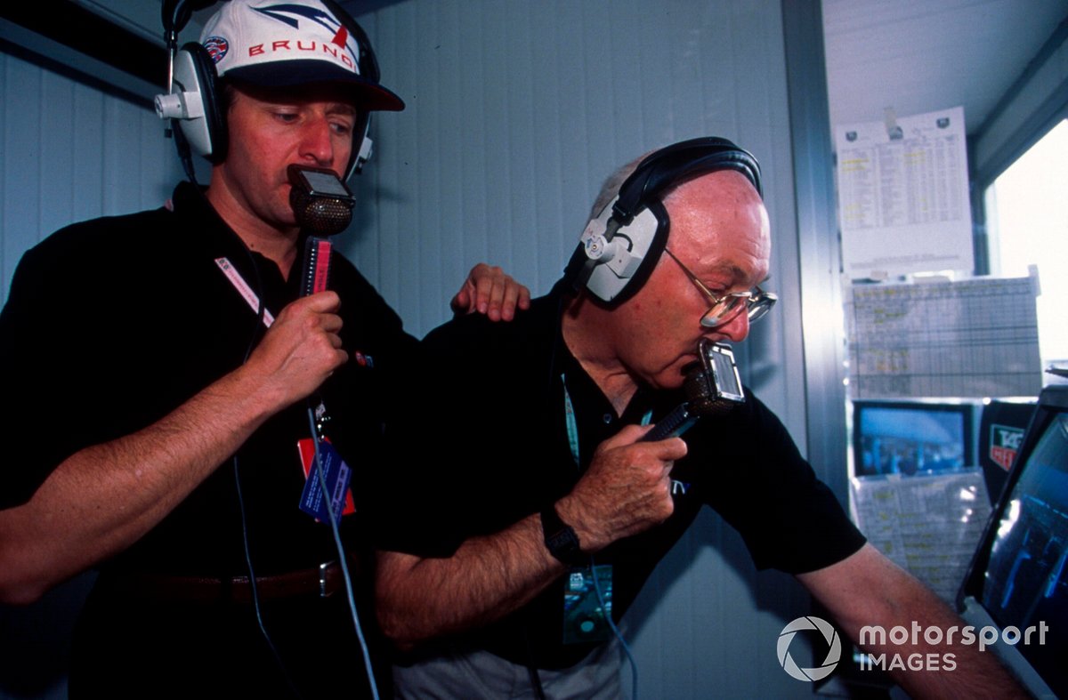 Murray Walker and Co-commentator Martin Brundle, right in full flow in their F1 commentary box.