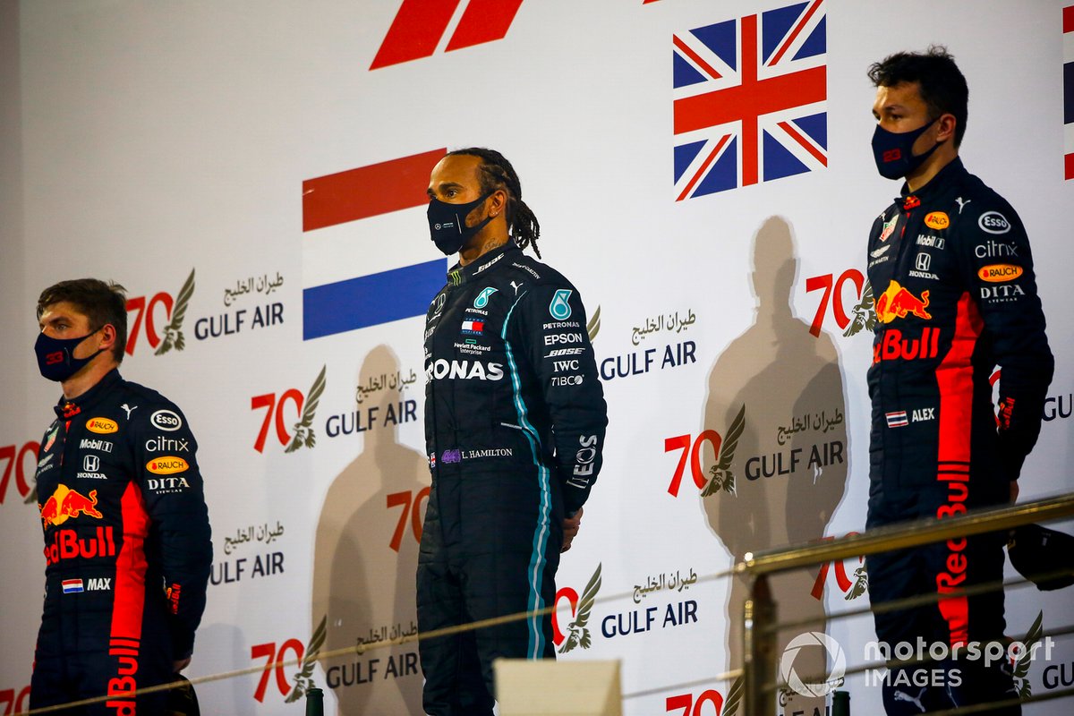 Max Verstappen, Red Bull Racing, Race Winner Lewis Hamilton, Mercedes-AMG F1 and Alex Albon, Red Bull Racing on the podium