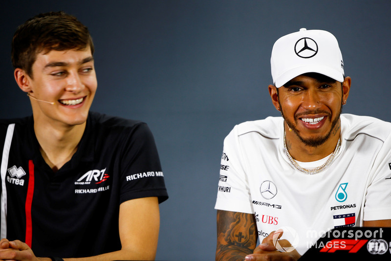Lewis Hamilton, Mercedes AMG F1, and George Russell, Williams Racing, in the press conference