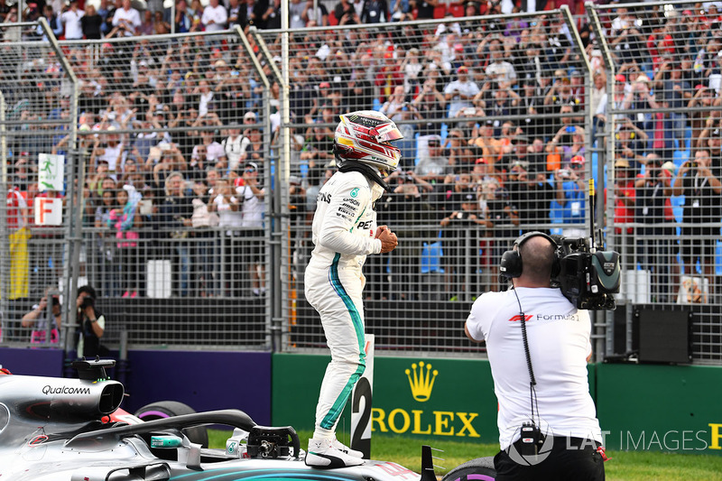 Pole sitter Lewis Hamilton, Mercedes-AMG F1 celebrates in parc ferme