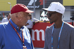 Niki Lauda, Non-Executive Chairman, Mercedes AMG F1, with Olympic champion Sir Mo Farah