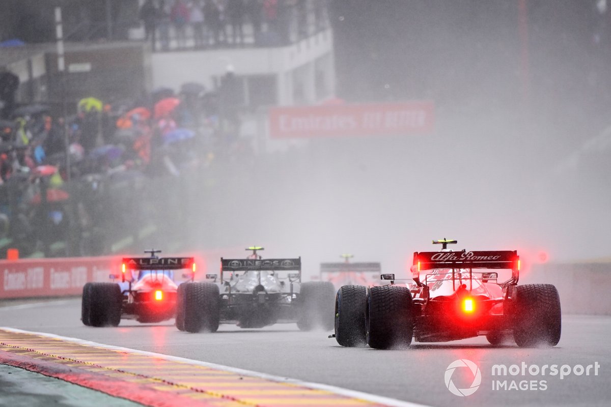 Fernando Alonso, Alpine A521, Valtteri Bottas, Mercedes W12, and Antonio Giovinazzi, Alfa Romeo Racing C41