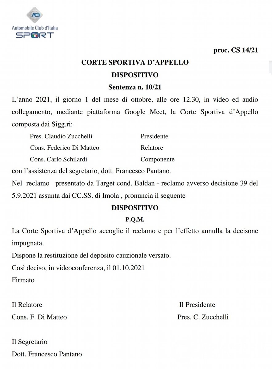 Decisione ACI Sport su appello Baldan