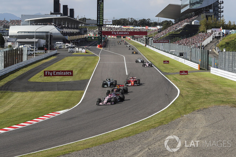 Esteban Ocon, Sahara Force India VJM10, Daniel Ricciardo, Red Bull Racing RB13, Valtteri Bottas, Mercedes-Benz F1 W08 and Sebastian Vettel, Ferrari SF70H