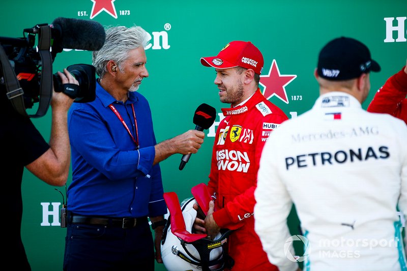 Pole Sitter Sebastian Vettel, Ferrari talks to Damon Hill, Sky TV in Parc Ferme