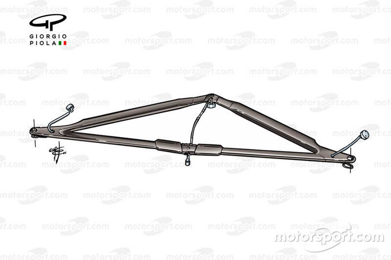Ferrari F2004, dettaglio del triangolo unico con un solo attacco al telaio