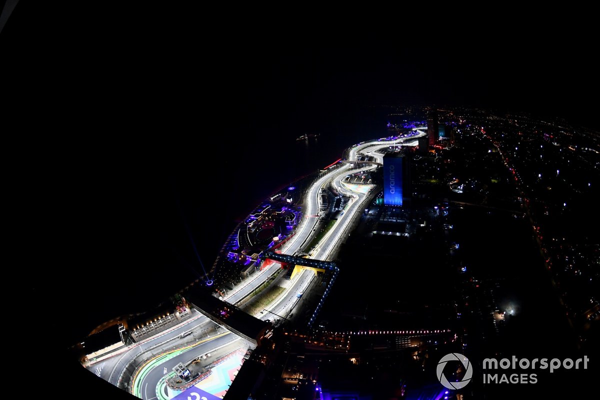 An aerial view of the circuit at night