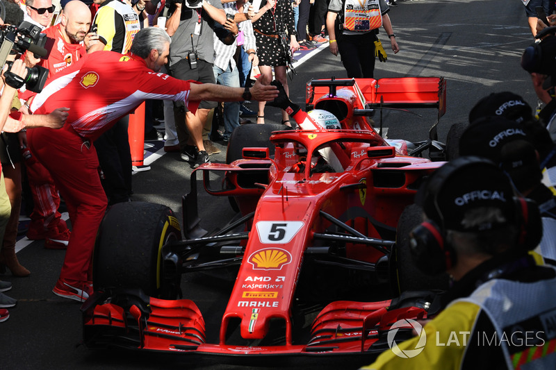 Race winner Sebastian Vettel, Ferrari SF71H celebrates in parc ferme with Maurizio Arrivabene, Ferrari Team Principal