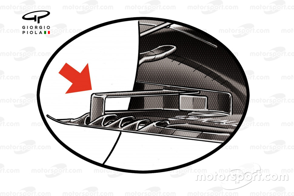 Sirip mini horizontal dengan penyangga di depan ban belakang McLaren MCL35 yang diturunkan di Austria tahun lalu ini kembali muncul pada MCL35M di Silverstone.