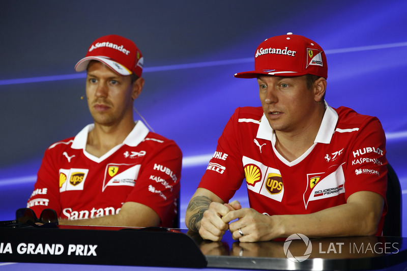 Kimi Raikkonen, Ferrari, Sebastian Vettel, Ferrari, in the FIA press conference
