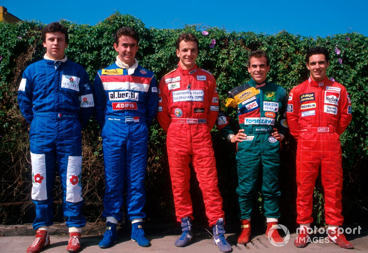 Decorzent worked with three of the French Formula 3 drivers pictured at Macau in 1990 - Jerome Policand (middle), Eric Helary (second-right) and Laurent Aiello (right) are joined by Olivier Panis and Olivier Beretta