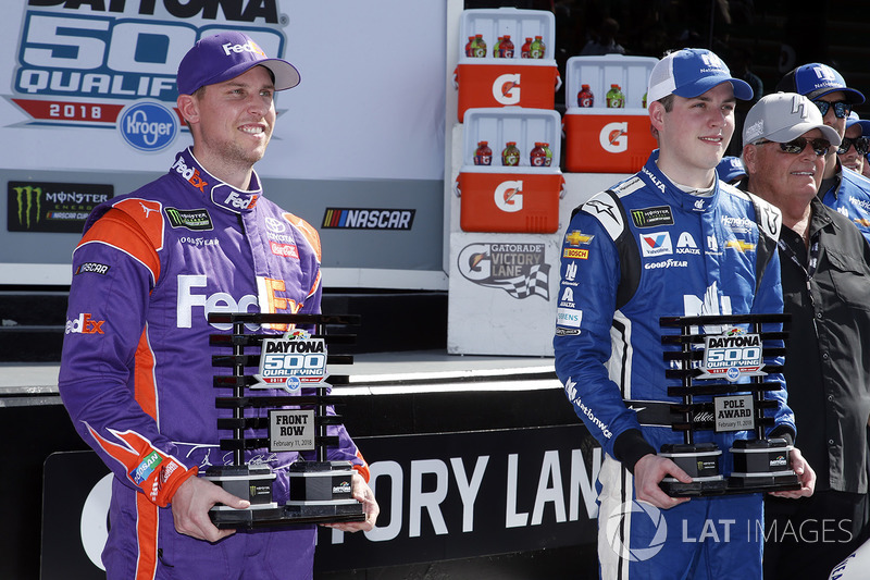 Polesitter Alex Bowman, Hendrick Motorsports, Nationwide Chevrolet Camaro, second place Denny Hamlin, Joe Gibbs Racing, FedEx Express Toyota Camry