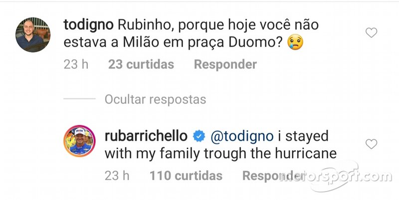 Resposta de Rubens Barrichello a seguidor