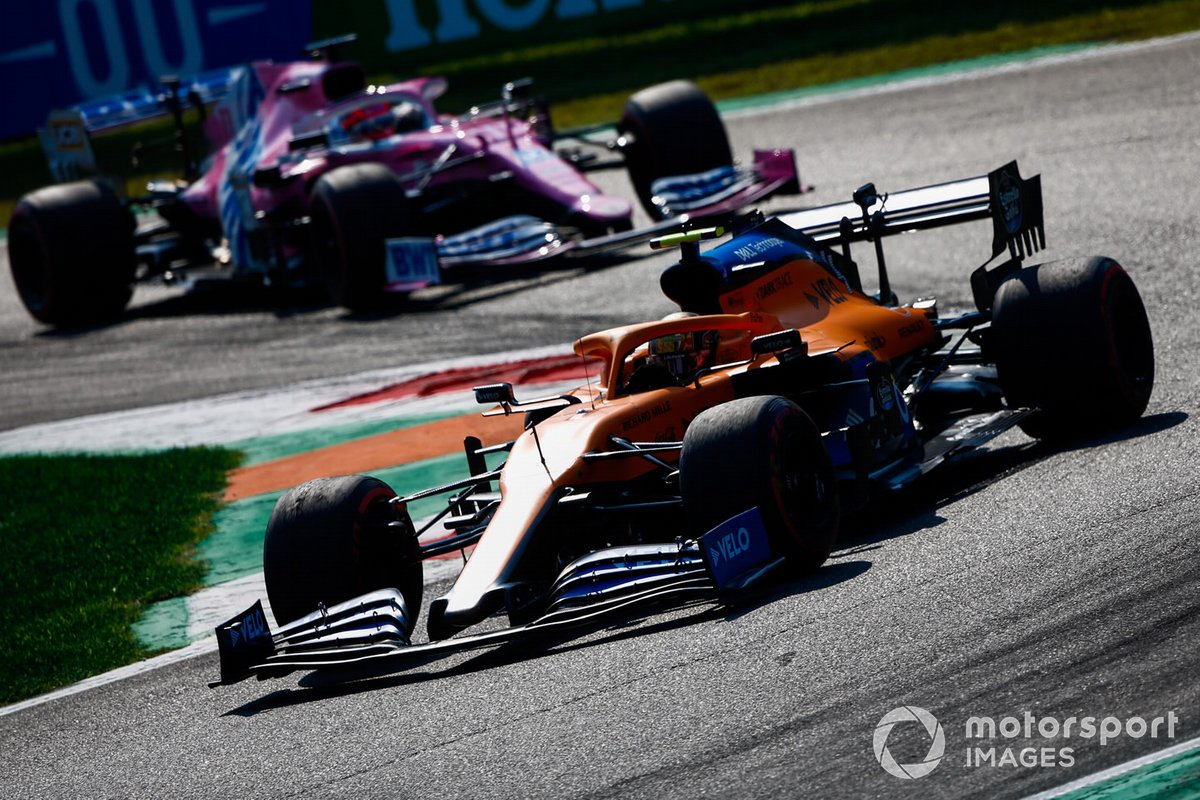 Lando Norris, McLaren MCL35, Sergio Perez, Racing Point RP20