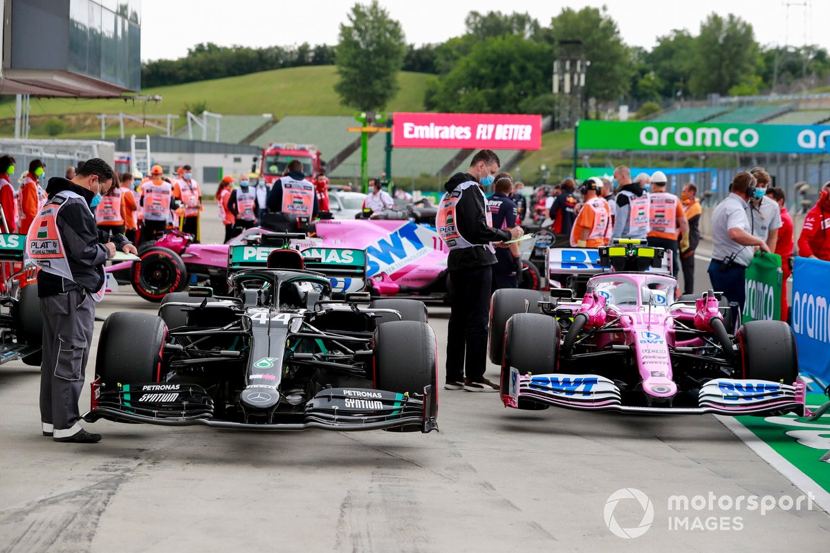 The cars of Lewis Hamilton, Mercedes F1 W11, and Lance Stroll, Racing Point RP20, in Parc Ferme after Qualifying