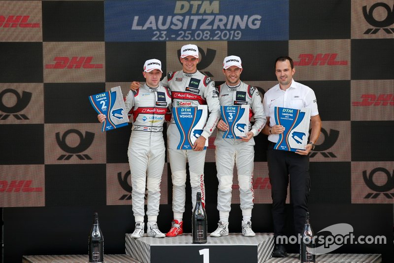 Podium: Race winner Nico Müller, Audi Sport Team Abt Sportsline, Robin Frijns, Audi Sport Team Abt Sportsline, Mike Rockenfeller, Audi Sport Team Phoenix