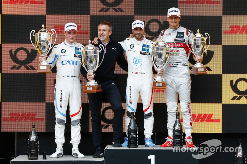 Podium: Race winner Philipp Eng, BMW Team RBM, second place Joel Eriksson, BMW Team RBM, third place Nico Müller, Audi Sport Team Abt Sportsline, Bart Mampaey, team principal, BMW Team RBM