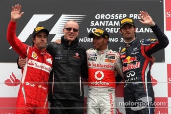 Podium: race winner Lewis Hamilton, McLaren Mercedes, second place Fernando Alonso, Scuderia Ferrari, third place Mark Webber, Red Bull Racing