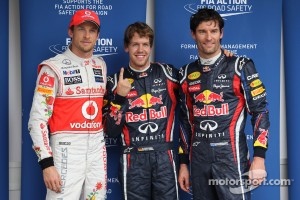 Sebastian Vettel, Red Bull Racing gets pole position and with Jenson Button, McLaren Mercedes and Mark Webber, Red Bull Racing