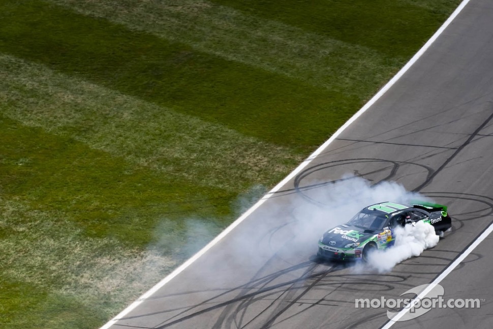 Race winner Denny Hamlin, Joe Gibbs Racing Toyota celebrates