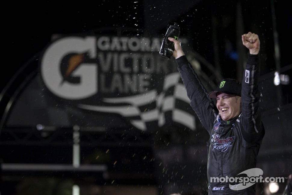 Victory lane: race winner Kurt Busch celebrates