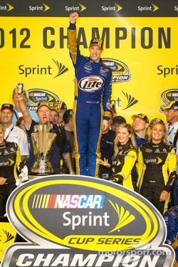 Championship victory lane: 2012 NASCAR Sprint Cup Series champion Brad Keselowski, Penske Racing Dodge celebrates