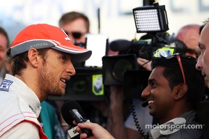 Jenson Button, McLaren with the media