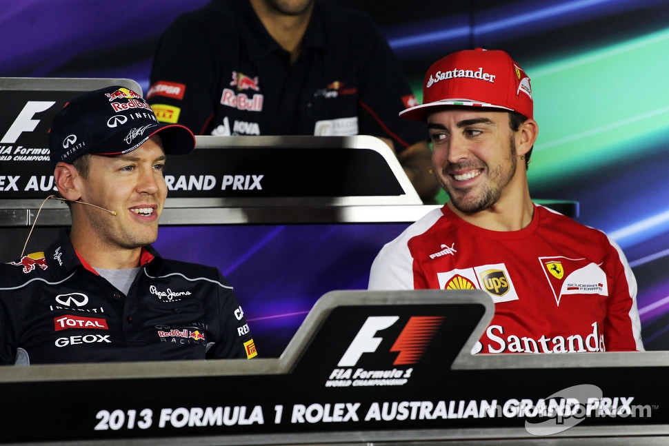 Sebastian Vettel, Red Bull Racing and Fernando Alonso, Ferrari in the FIA Press Conference