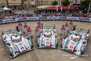 #1 Audi Sport Team Joest Audi R18 e-tron quattro: Marcel Fässler, Andre Lotterer, Benoit Tréluyer; #2 Audi Sport Team Joest Audi R18 e-tron quattro: Tom Kristensen, Allan McNish, Loic Duval; #3 Audi Sport Team Joest Audi R18 e-tron quattro: Marc Gene, Oli