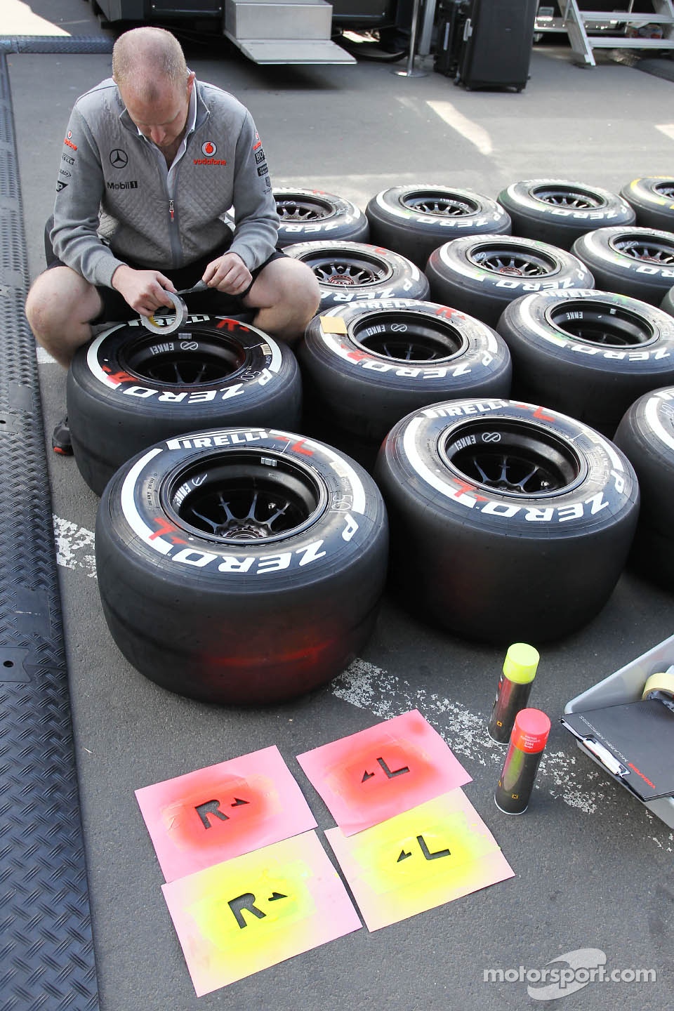 Pirelli tyres prepared by a McLaren mechanic