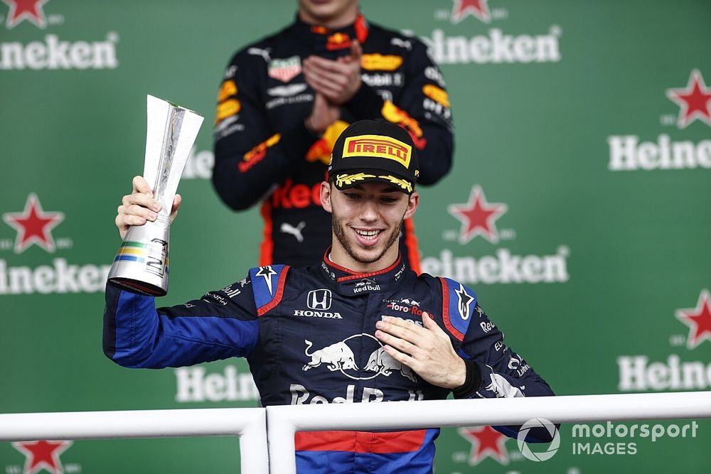 Pierre Gasly, Toro Rosso, 2nd position, celebrates with his trophy on the podium