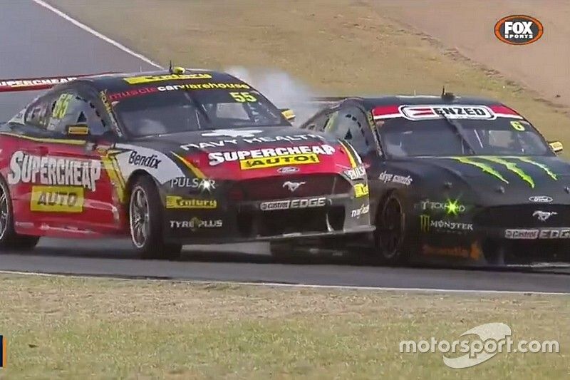 Screenshot of Chaz Mostert, Tickford Ford and Cameron Waters, Ford making contact