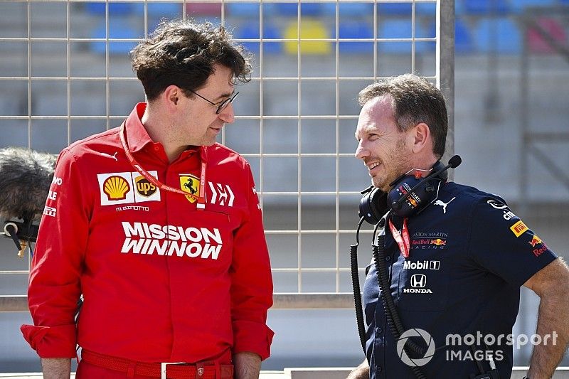 Mattia Binotto, Team Principal Ferrari, with Christian Horner, Team Principal, Red Bull Racing