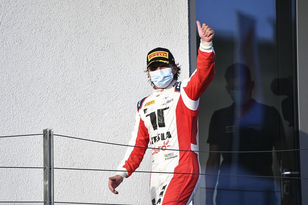 Enzo Fittipaldi, Charouz Racing System celebrates on the podium