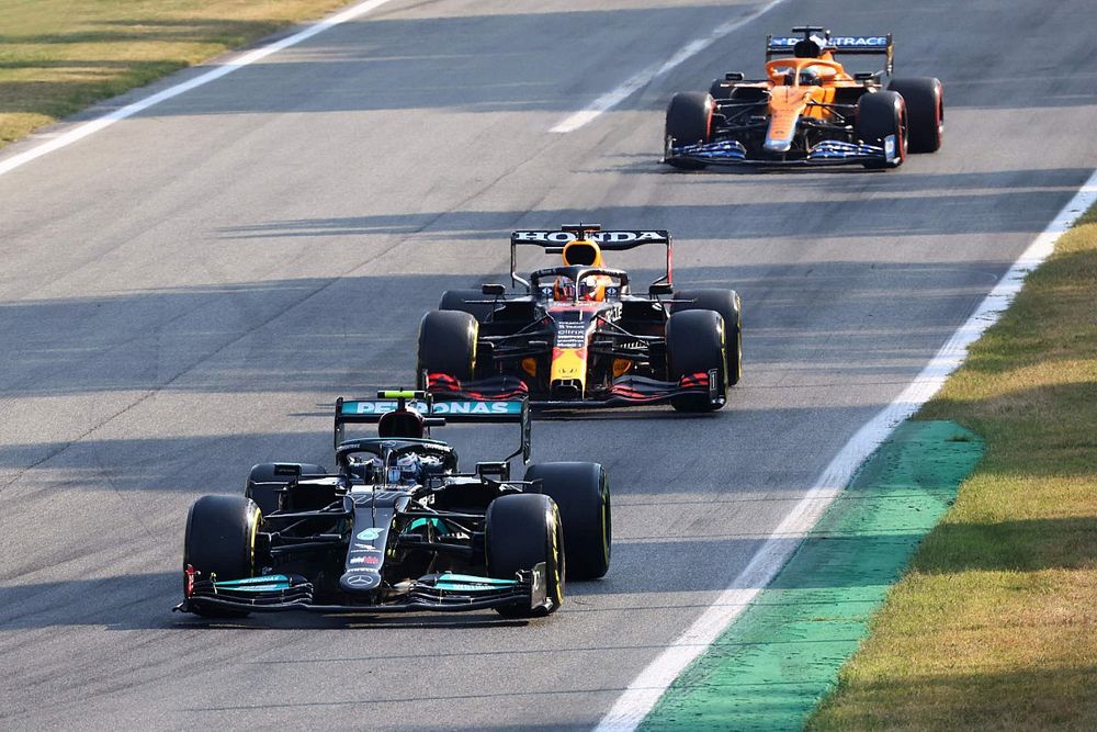 Valtteri Bottas, Mercedes W12, Max Verstappen, Red Bull Racing RB16B, and Daniel Ricciardo, McLaren MCL35M