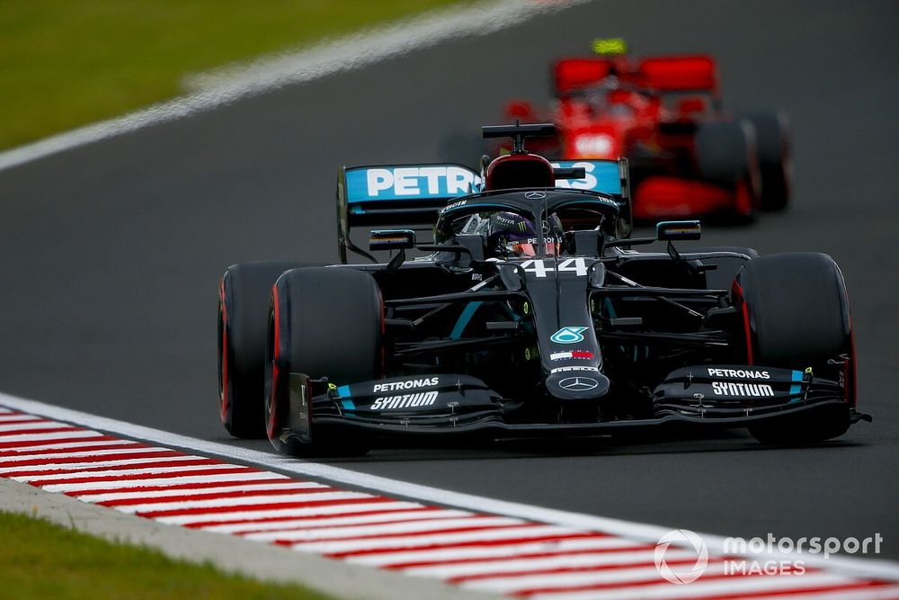 Lewis Hamilton, Mercedes F1 W11, leads Charles Leclerc, Ferrari SF1000