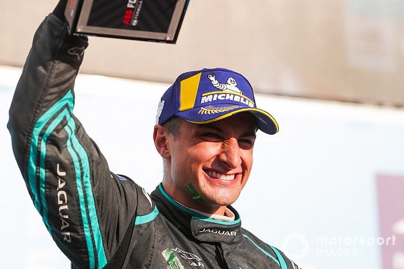 Mitch Evans, Panasonic Jaguar Racing, 1st position, celebrates his maiden victory on the podium