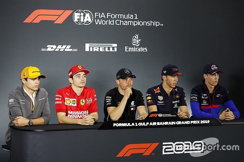 Lando Norris, McLaren, Charles Leclerc, Ferrari, Valtteri Bottas, Mercedes AMG F1, Pierre Gasly, Red Bull Racing and Daniil Kvyat, Toro Rosso in the Press Conference