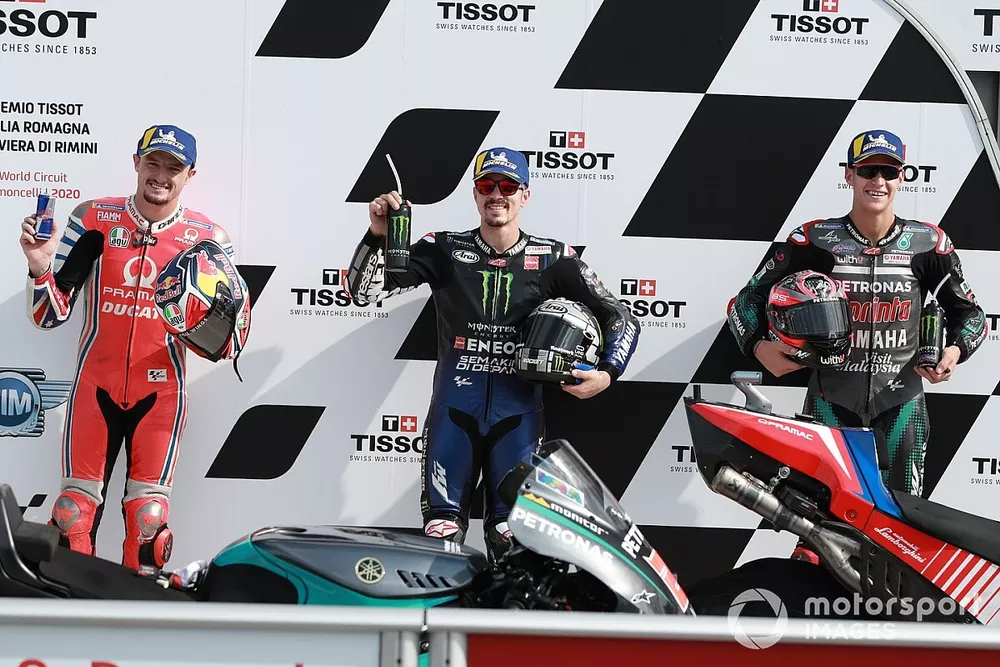 Jack Miller, Pramac Racing, Pole winner Maverick Vinales, Yamaha Factory Racing Fabio Quartararo, Petronas Yamaha SRT