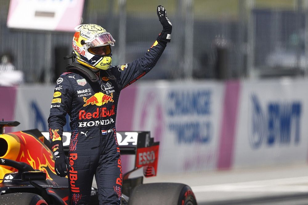 Pole man Max Verstappen, Red Bull Racing, celebrates on arrival in Parc Ferme