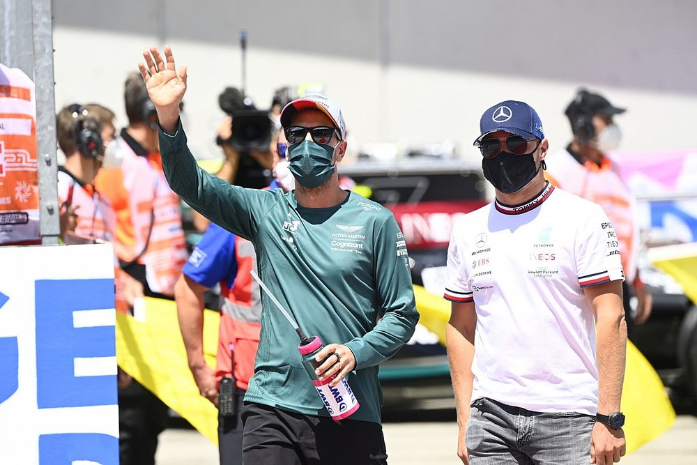 Sebastian Vettel, Aston Martin, and Valtteri Bottas, Mercedes