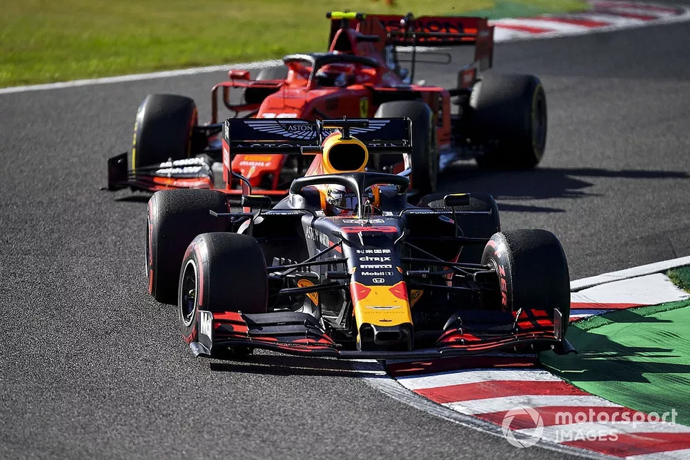 Max Verstappen, Red Bull Racing RB15, leads Charles Leclerc, Ferrari SF90