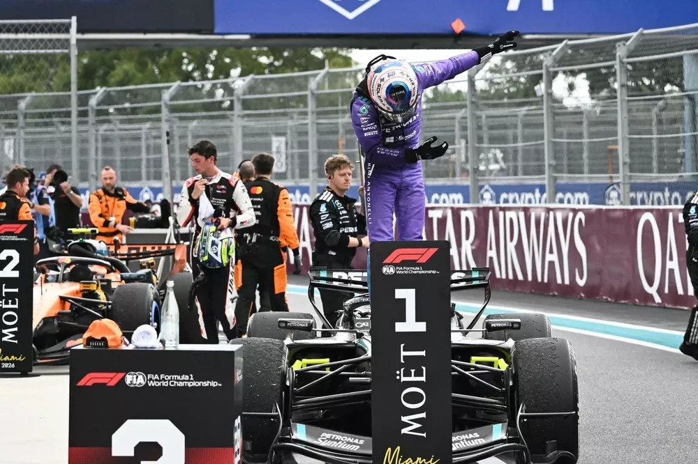 Andrea Kimi Antonelli celebrates after winning