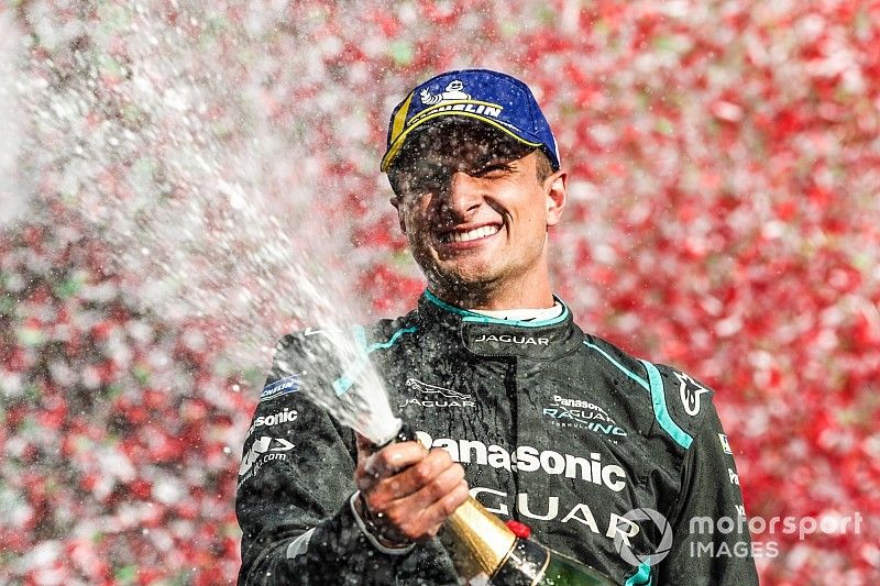 Mitch Evans, Panasonic Jaguar Racing, 1st position, celebrates his maiden victory on the podium