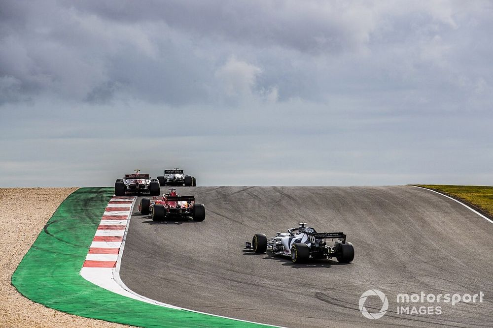 George Russell, Williams FW43, Antonio Giovinazzi, Alfa Romeo Racing C39, Sebastian Vettel, Ferrari SF1000, and Daniil Kvyat, AlphaTauri AT01