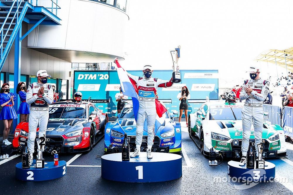 Podium: Race winner Robin Frijns, Audi Sport Team Abt Sportsline, second place Loic Duval, Audi Sport Team Phoenix, third place Nico Müller, Audi Sport Team Abt Sportsline